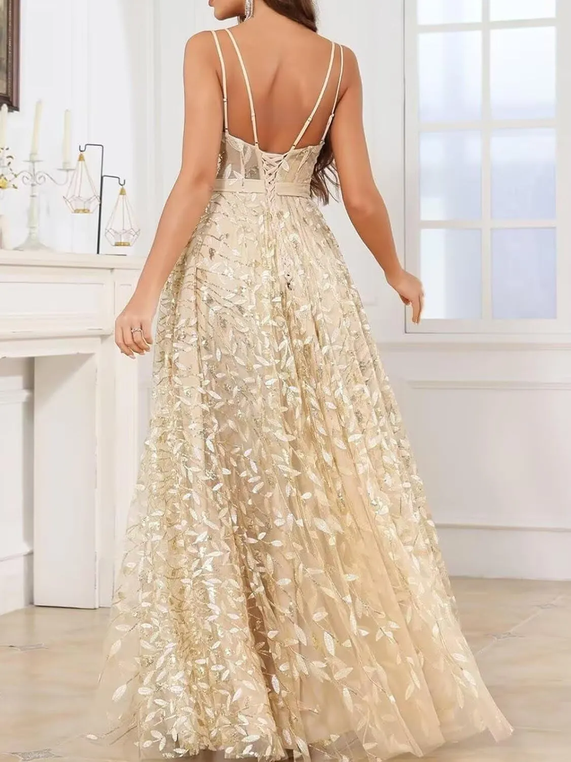 Sequin Prom Dresses for Women 2025 Long Tulle Lace Emboridery Formal Evening Gown with Slit A Line V Neck Bridal Gown
