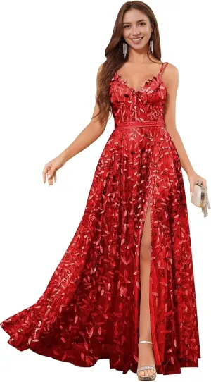 Sequin Prom Dresses for Women 2025 Long Tulle Lace Emboridery Formal Evening Gown with Slit A Line V Neck Bridal Gown