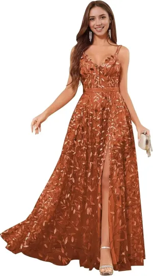 Sequin Prom Dresses for Women 2025 Long Tulle Lace Emboridery Formal Evening Gown with Slit A Line V Neck Bridal Gown