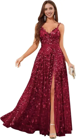 Sequin Prom Dresses for Women 2025 Long Tulle Lace Emboridery Formal Evening Gown with Slit A Line V Neck Bridal Gown