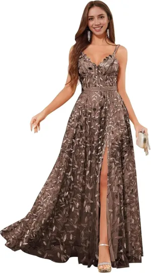 Sequin Prom Dresses for Women 2025 Long Tulle Lace Emboridery Formal Evening Gown with Slit A Line V Neck Bridal Gown