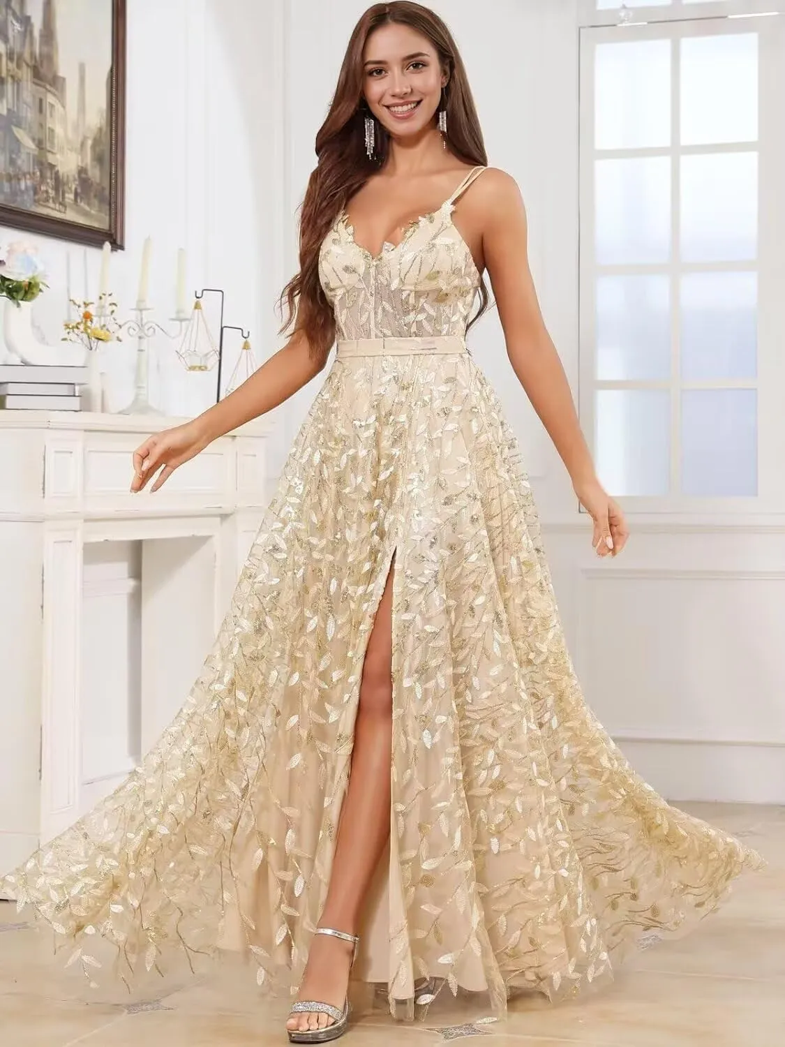 Sequin Prom Dresses for Women 2025 Long Tulle Lace Emboridery Formal Evening Gown with Slit A Line V Neck Bridal Gown