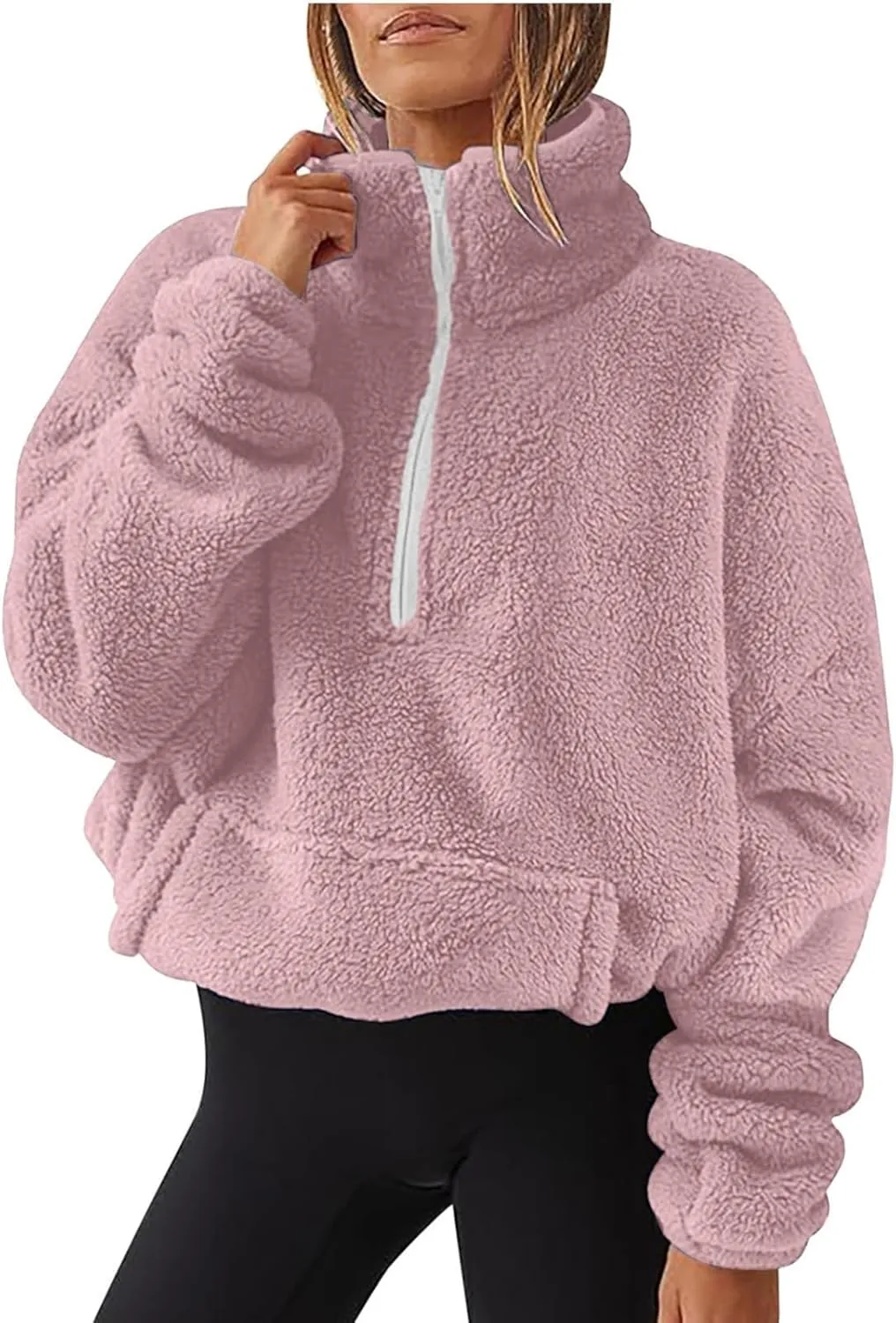 Sherpa Half Zip Pullover Women Oversized Quarter Zip Cropped Sweatshirt Fuzzy Fleece Lined Zip Up Hoodie with Pockets