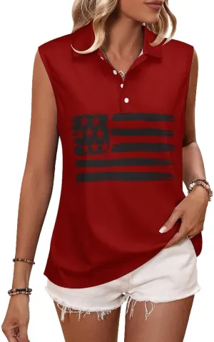 Sleeveless Shirts for Women American Flag V Neck Shirt Casual PO-LO Tank Top Pullover Quick Dry with Designs