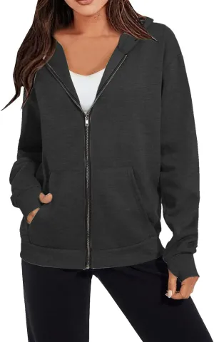 SMIDOW Womens Full Zip Up Hooded Sweatshirts Preppy Coats with Finger Hole Pullover Tops Pockets Fleece Fall Teen Girl Jacket