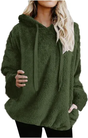 Solid Plush Hoodies for Women Drawstring Round Neck Fleece Pullover Sweatshirts 2025 Winter Oversized Hooded Tops