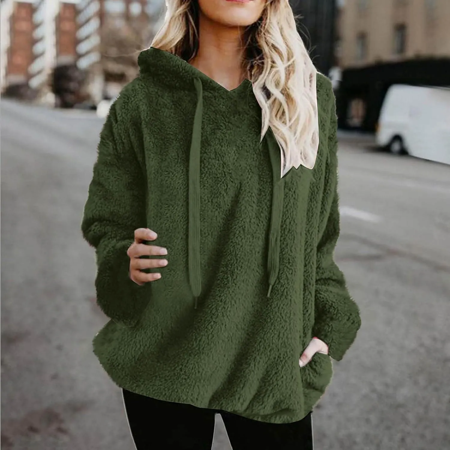 Solid Plush Hoodies for Women Drawstring Round Neck Fleece Pullover Sweatshirts 2025 Winter Oversized Hooded Tops