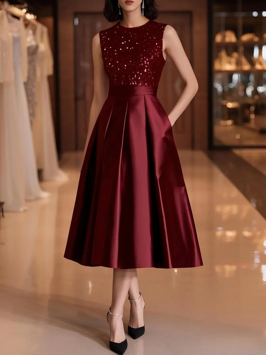 Sparkly Sequin Formal Dresses Tea Length Sleeveless Satin A Line Mother of The Bride Dress for Women with Pockets