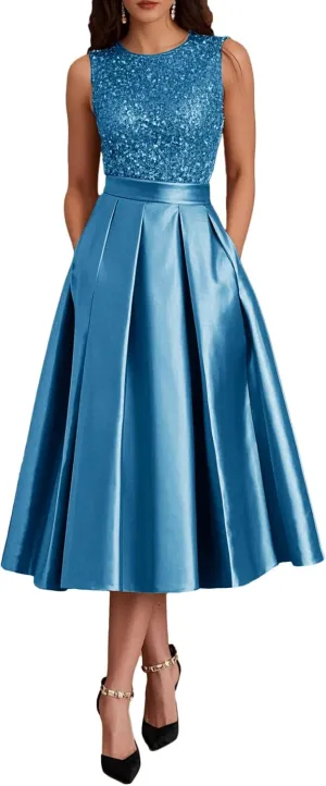 Sparkly Sequin Formal Dresses Tea Length Sleeveless Satin A Line Mother of The Bride Dress for Women with Pockets