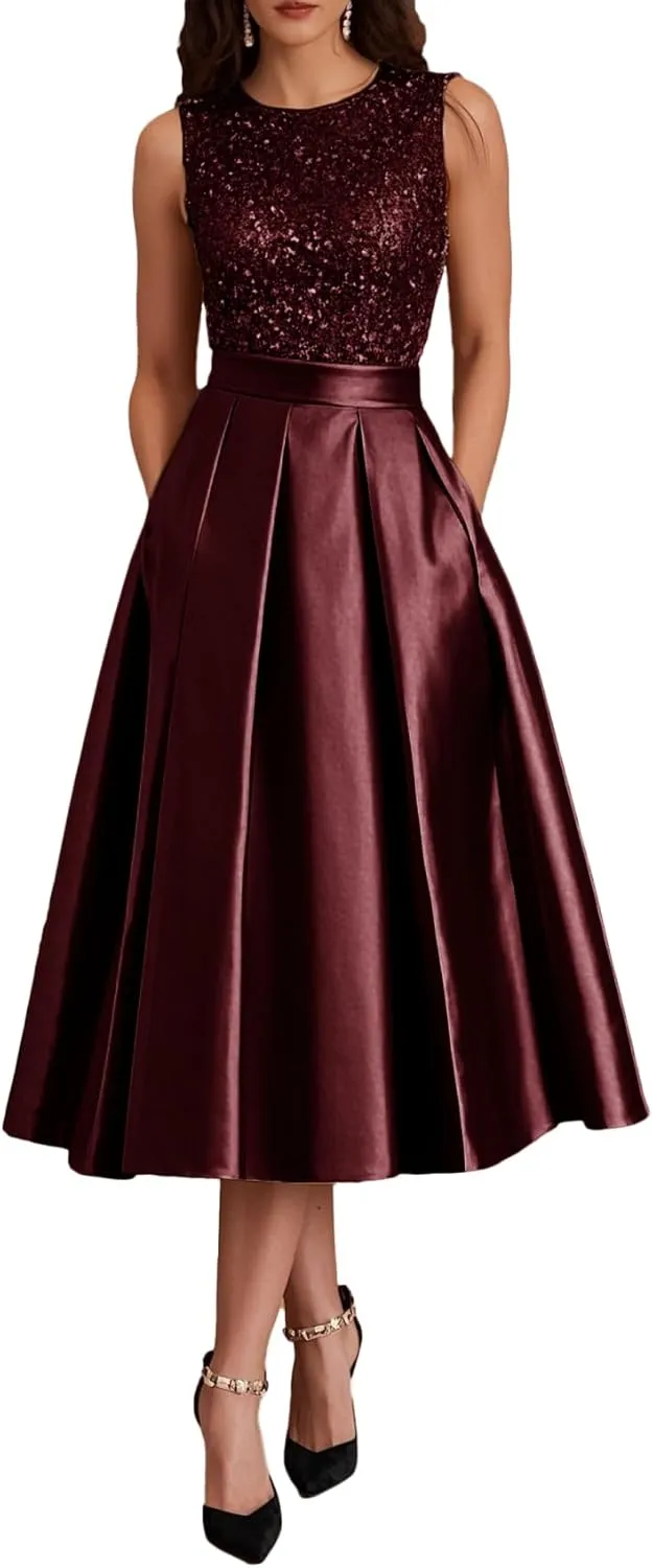Sparkly Sequin Formal Dresses Tea Length Sleeveless Satin A Line Mother of The Bride Dress for Women with Pockets