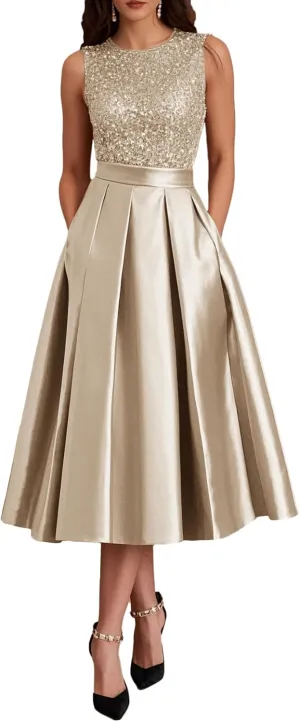 Sparkly Sequin Formal Dresses Tea Length Sleeveless Satin A Line Mother of The Bride Dress for Women with Pockets