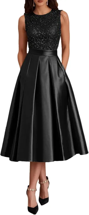 Sparkly Sequin Formal Dresses Tea Length Sleeveless Satin A Line Mother of The Bride Dress for Women with Pockets