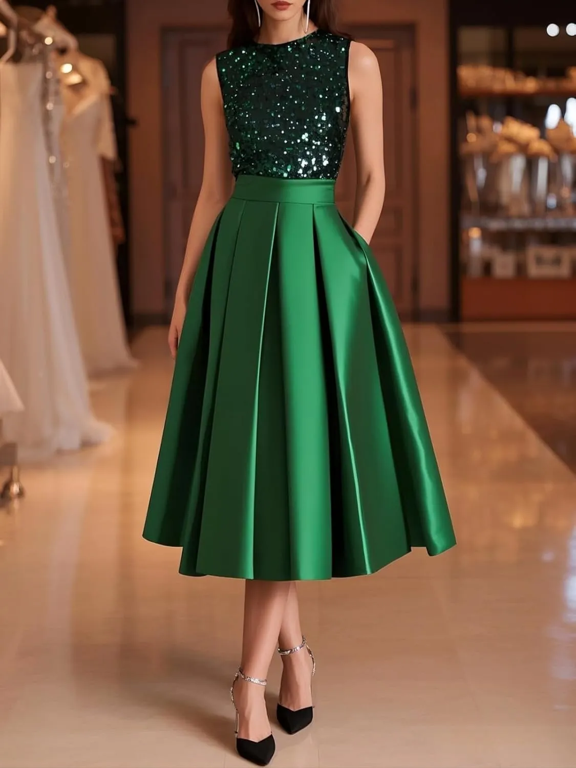 Sparkly Sequin Formal Dresses Tea Length Sleeveless Satin A Line Mother of The Bride Dress for Women with Pockets
