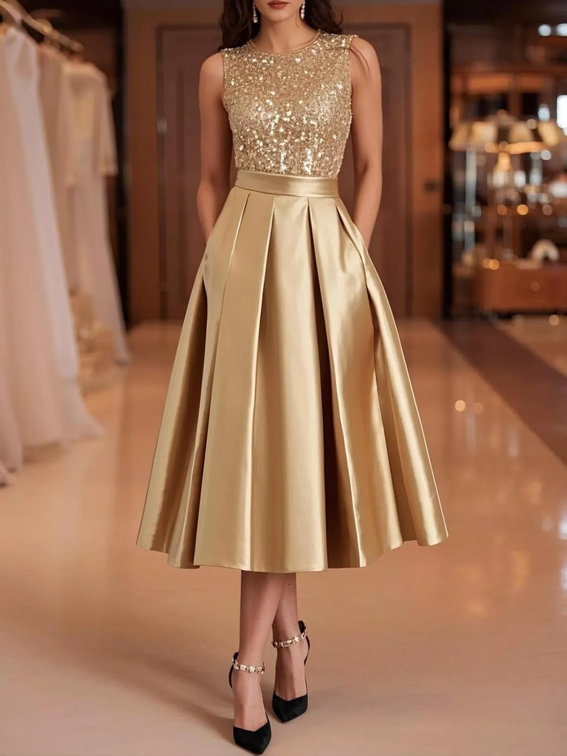 Sparkly Sequin Formal Dresses Tea Length Sleeveless Satin A Line Mother of The Bride Dress for Women with Pockets