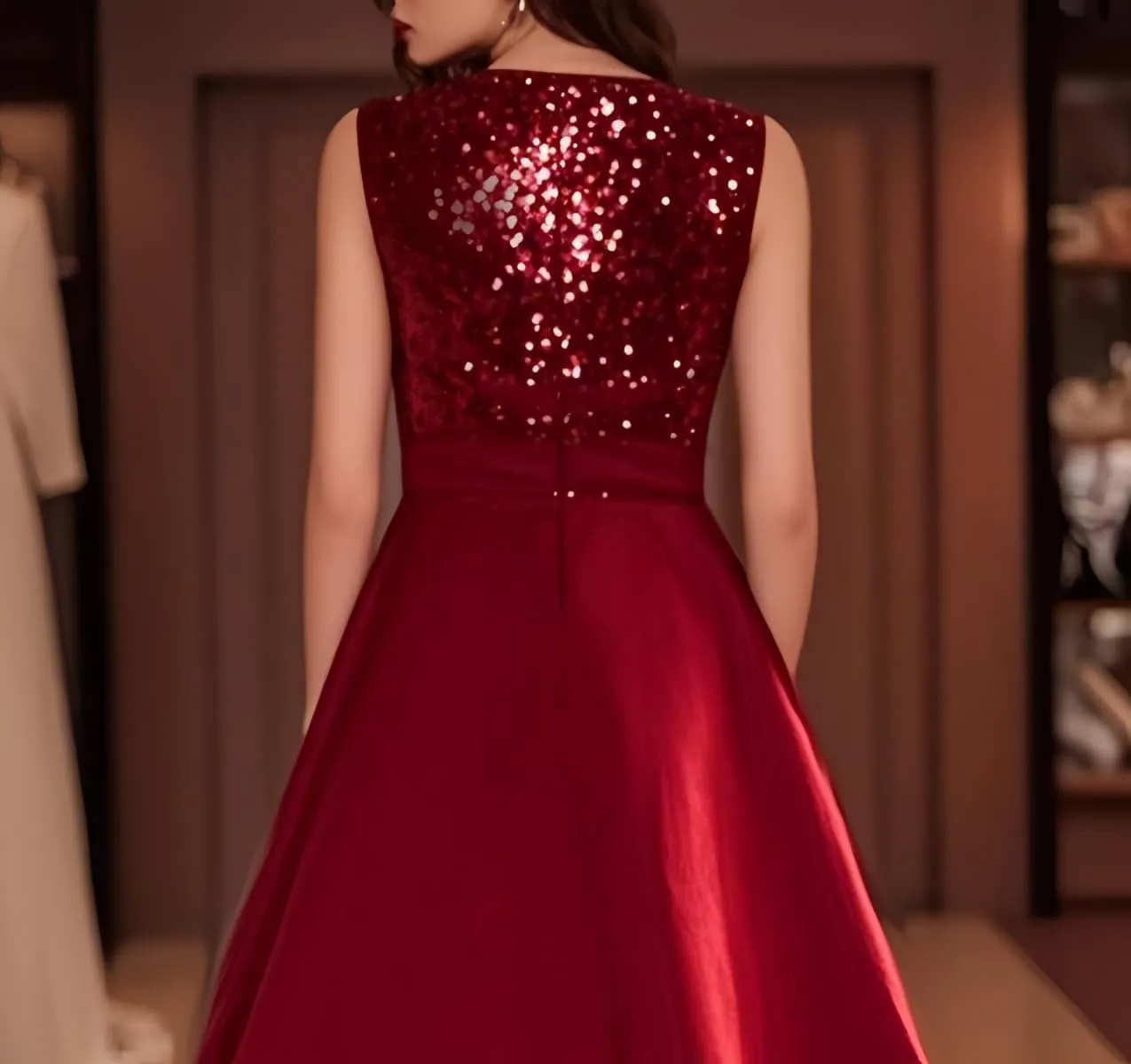 Sparkly Sequin Formal Dresses Tea Length Sleeveless Satin A Line Mother of The Bride Dress for Women with Pockets