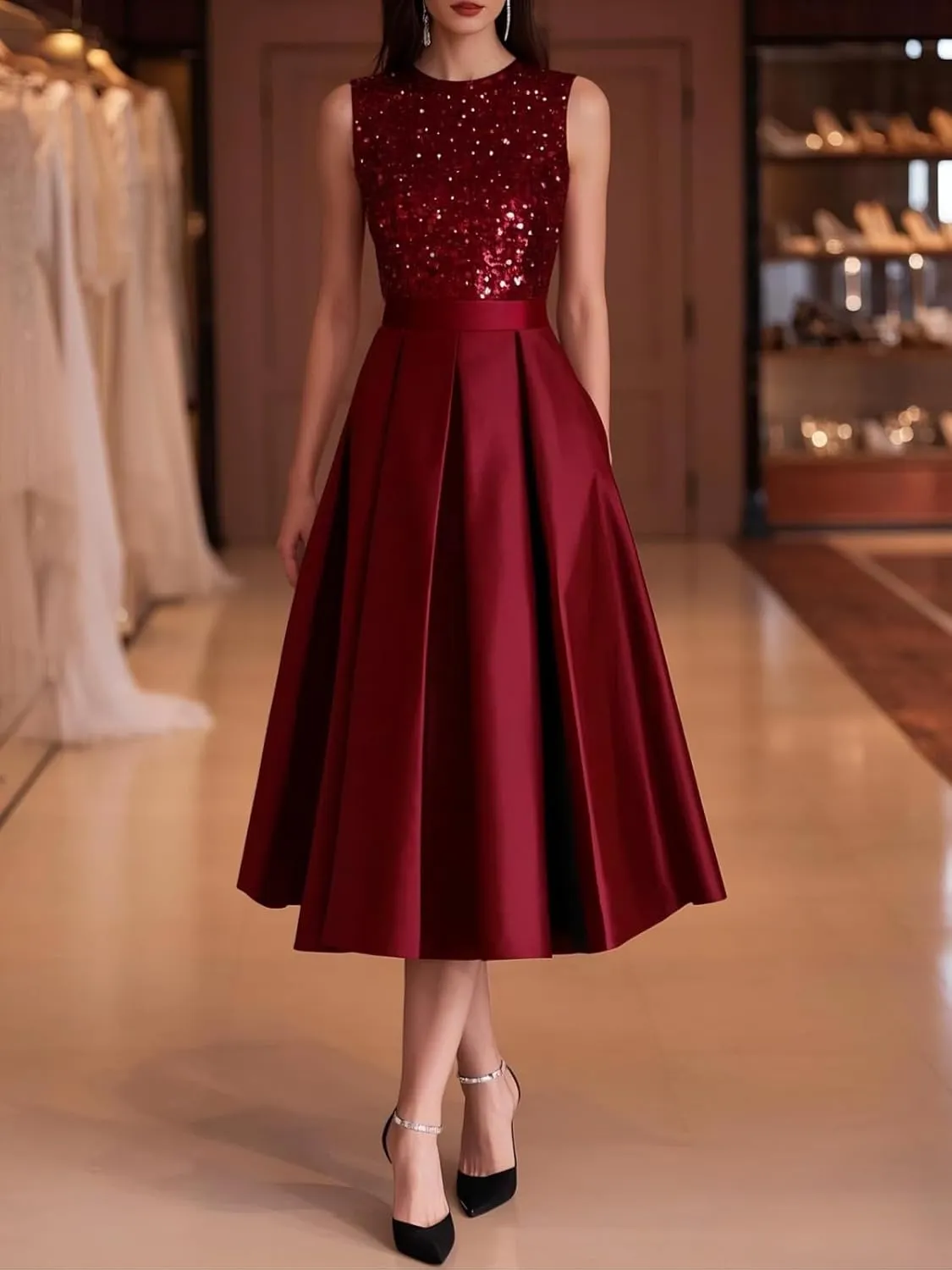 Sparkly Sequin Formal Dresses Tea Length Sleeveless Satin A Line Mother of The Bride Dress for Women with Pockets