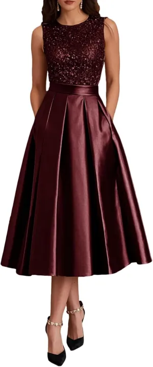 Sparkly Sequin Formal Dresses Tea Length Sleeveless Satin A Line Mother of The Bride Dress for Women with Pockets