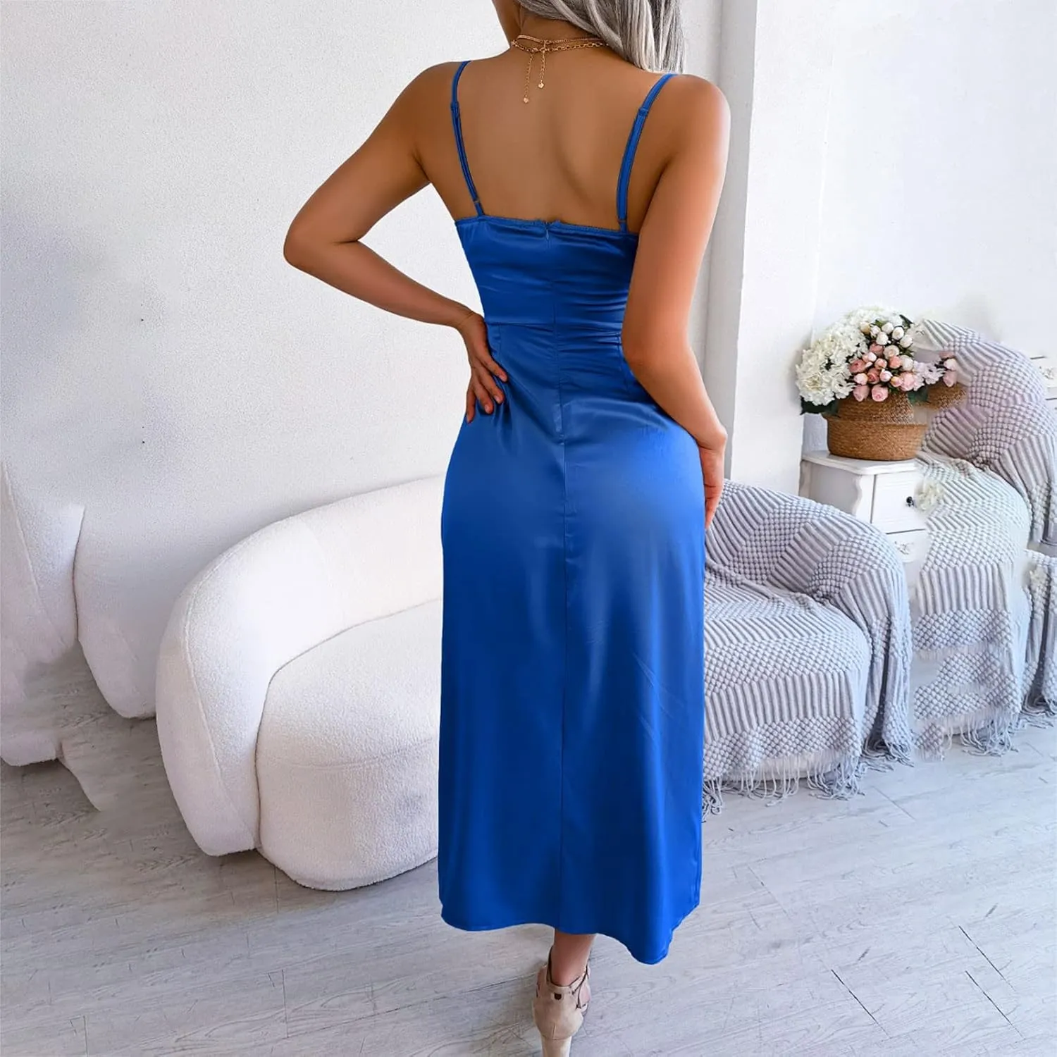 Spring Dresses for Women 2024 Spring Casual Sexy Split Sundress Sleeveless Low Neck Satin Womens White Dress