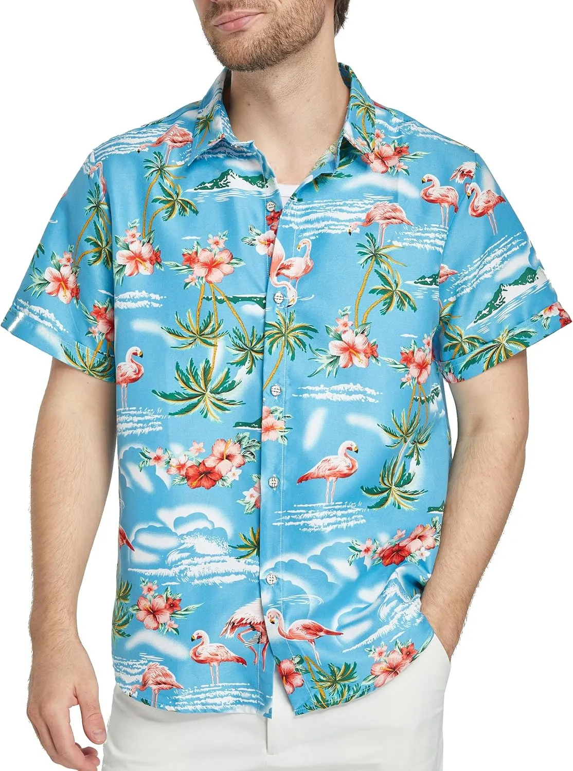 SSLR Pack Hawaiian Shirt for Men Flamingo Short Sleeve Casual Button Down Shirts Summer Beach Shirt