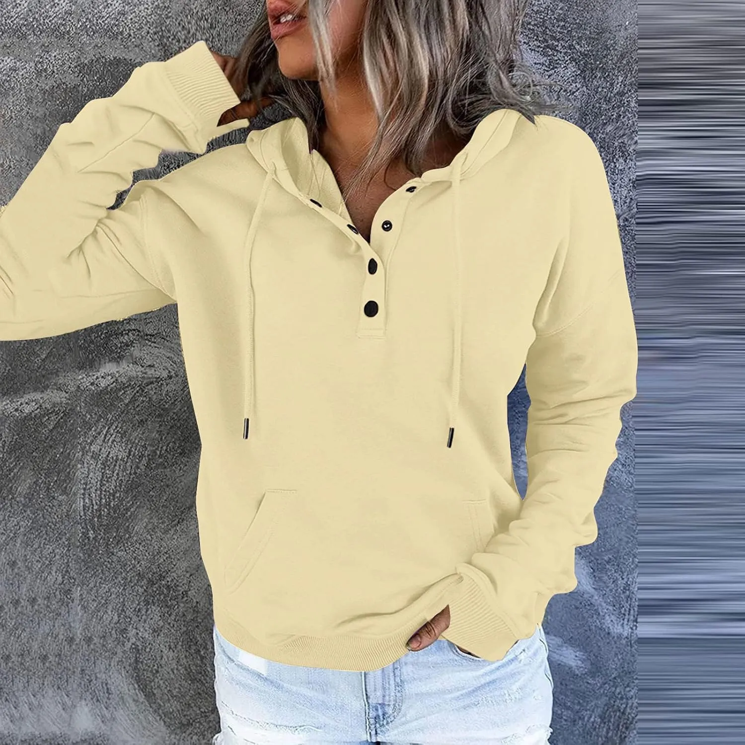 Stessotudo Womens Hoodies Casual Long Sleeve Solid Sweatshirts Buttons Drawstring Athletic Pullover Hooded Tops with Pocket