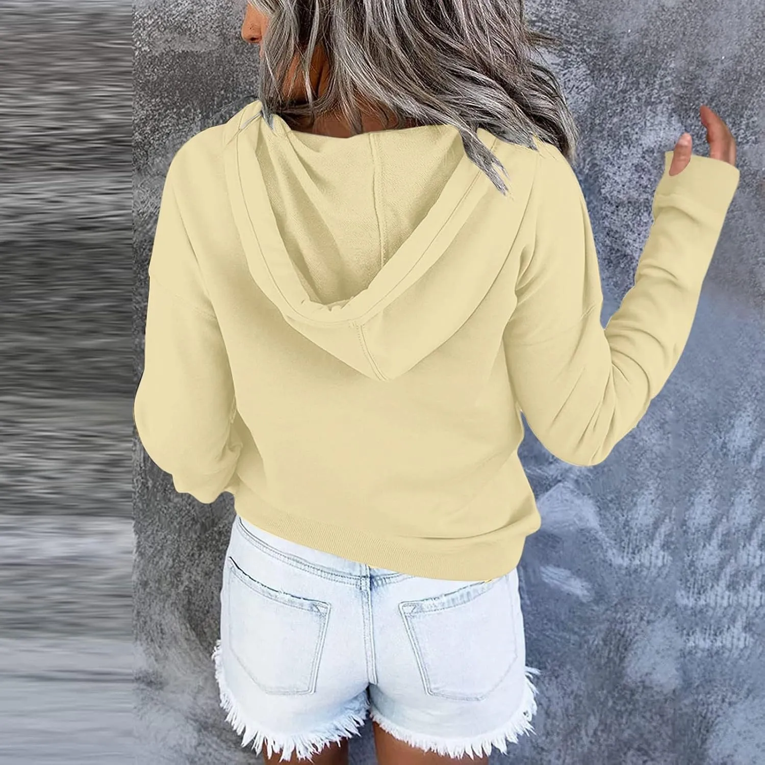 Stessotudo Womens Hoodies Casual Long Sleeve Solid Sweatshirts Buttons Drawstring Athletic Pullover Hooded Tops with Pocket