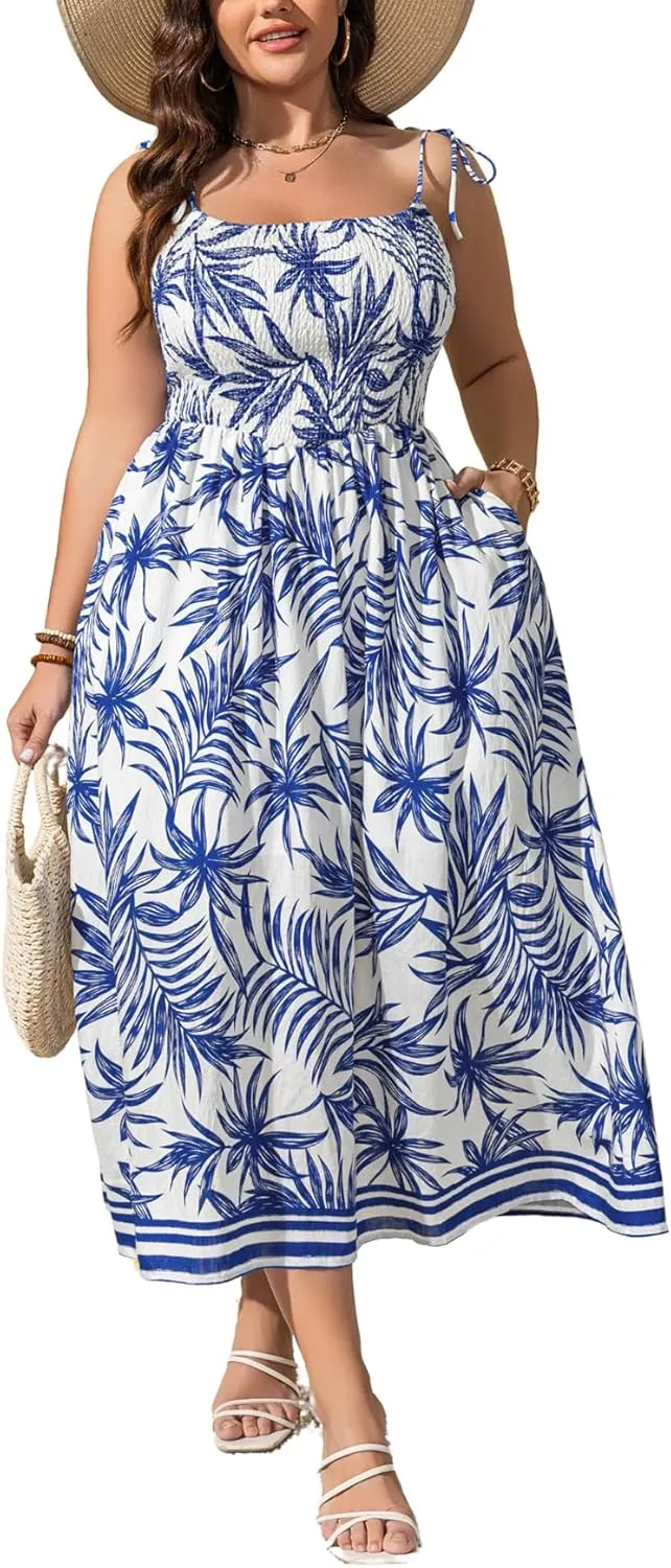 Summer Dresses for Women 2025 Spaghetti Strap Beach Dress with Pockets Flowy Smocked Boho Maxi Sundress