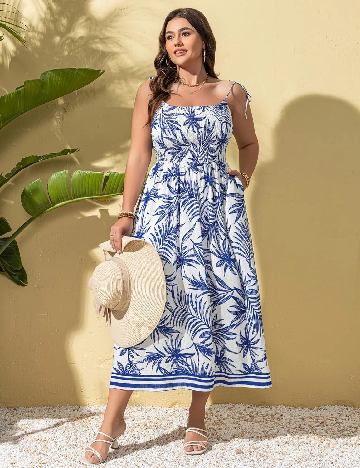 Summer Dresses for Women 2025 Spaghetti Strap Beach Dress with Pockets Flowy Smocked Boho Maxi Sundress