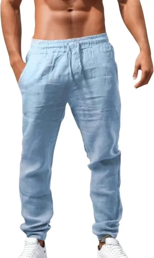 Summer Linen Pants for Men Workout Track Pant Stretch Elastic Waist Classic Fit Trousers Gym Golf Sweatpants Chino Pants Slim Fit Mens Ice Skating Tights