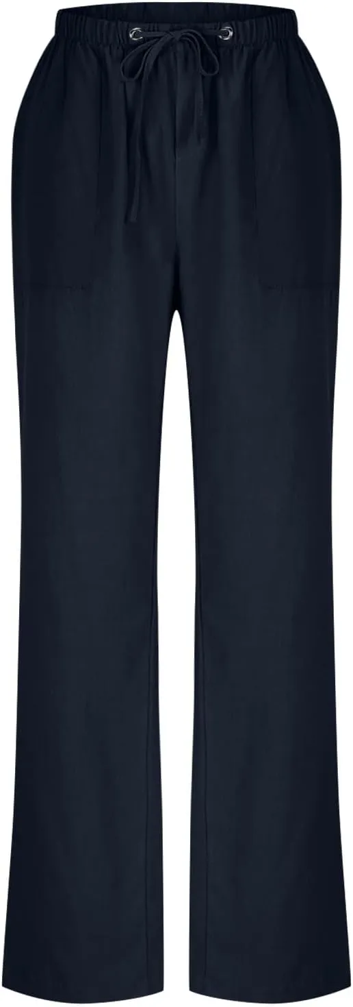 Summer Pants for Women Plus Size Cotton Linen Pant High Waisted Drawstring Wide Leg Lounge Trousers with Pockets