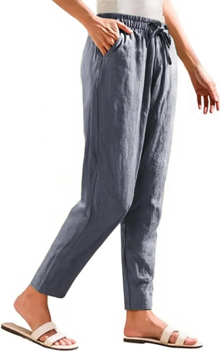 Summer Pants Women, Cotton Peasant Pants Straight Leg Casual Linen Plaid Drawstring