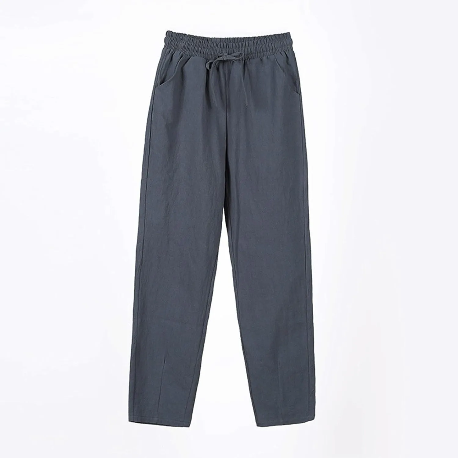 Summer Pants Women, Cotton Peasant Pants Straight Leg Casual Linen Plaid Drawstring