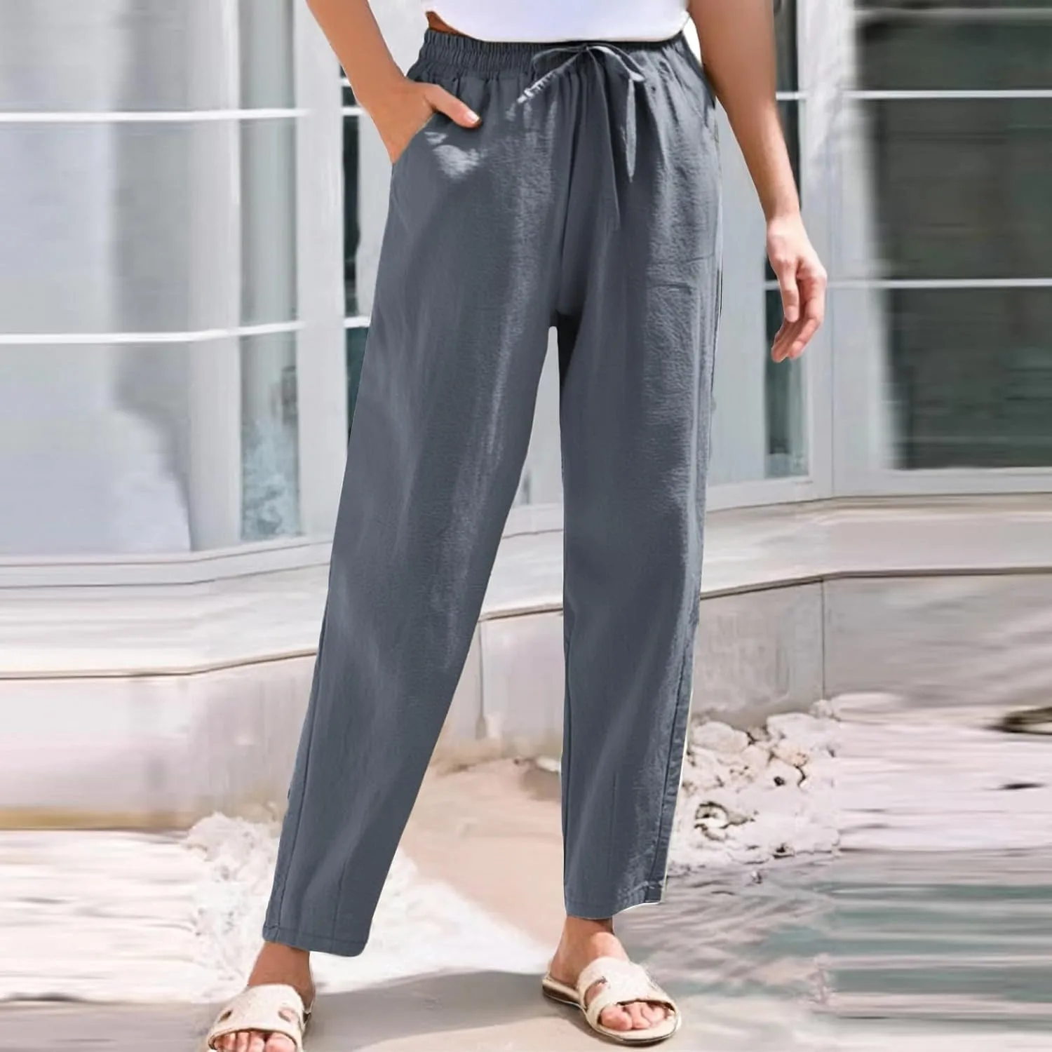 Summer Pants Women, Cotton Peasant Pants Straight Leg Casual Linen Plaid Drawstring