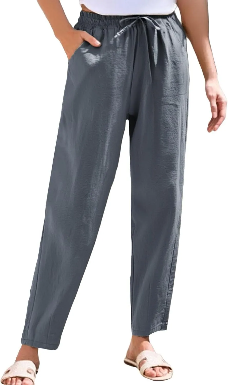 Summer Pants Women, Cotton Peasant Pants Straight Leg Casual Linen Plaid Drawstring