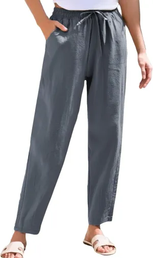 Summer Pants Women, Cotton Peasant Pants Straight Leg Casual Linen Plaid Drawstring