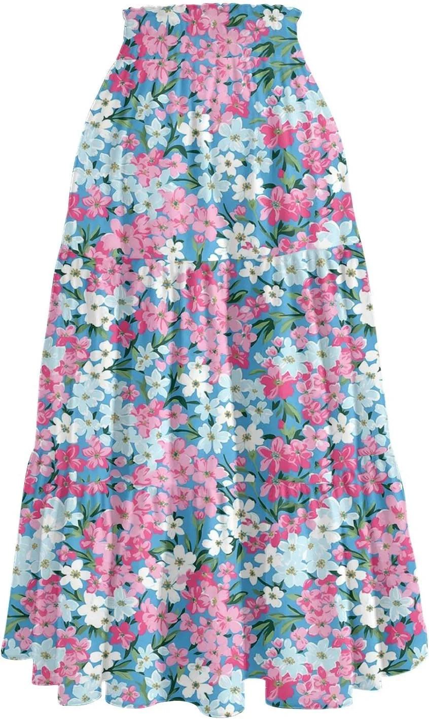 Summer Skirt for Women Comfy Tiered Elastic High Waisted Floral Maxi Skirts Vacation A-Line Flowy Swing Long Skorts