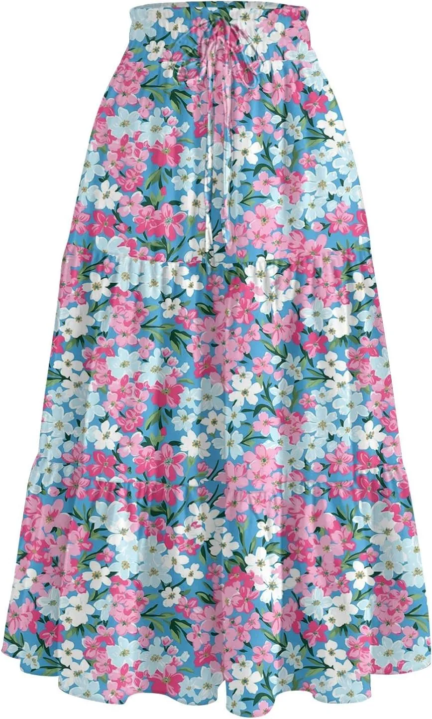 Summer Skirt for Women Comfy Tiered Elastic High Waisted Floral Maxi Skirts Vacation A-Line Flowy Swing Long Skorts