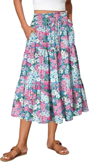 Summer Skirt for Women Comfy Tiered Elastic High Waisted Floral Maxi Skirts Vacation A-Line Flowy Swing Long Skorts