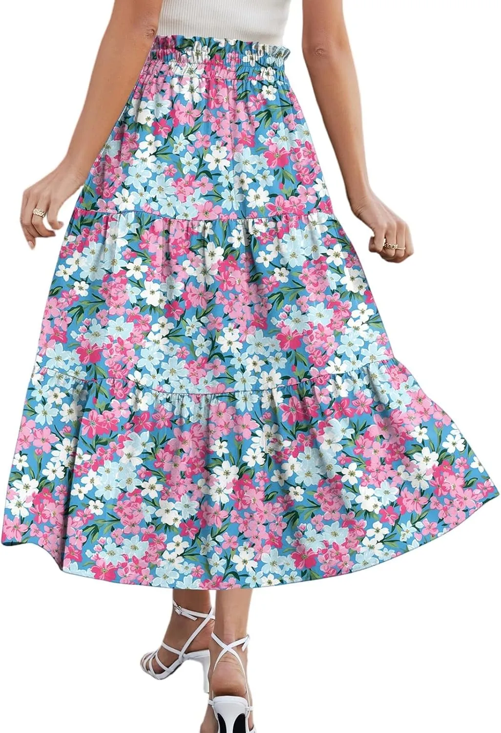 Summer Skirt for Women Comfy Tiered Elastic High Waisted Floral Maxi Skirts Vacation A-Line Flowy Swing Long Skorts
