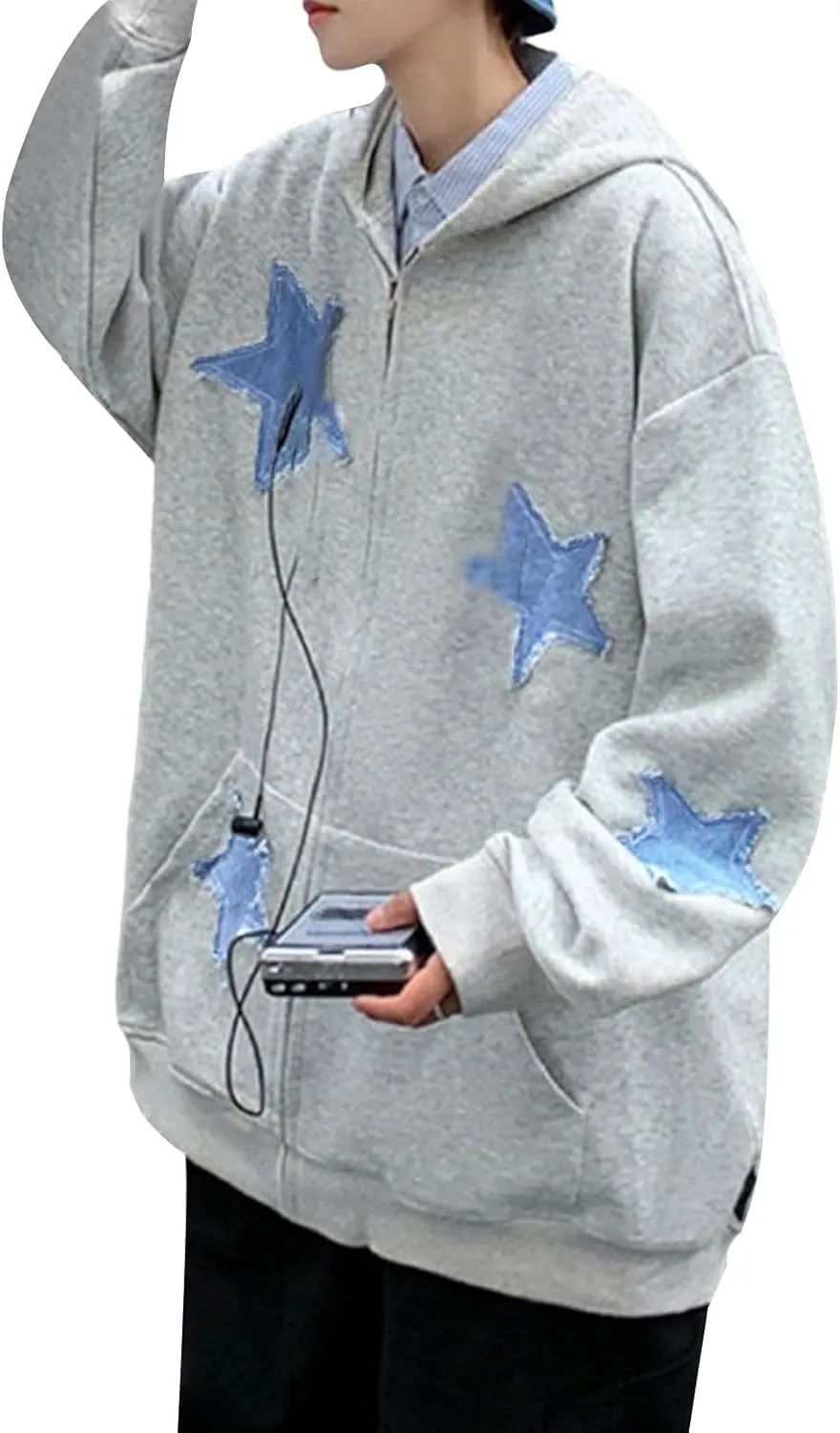 Sunwittafy Womens Full Zip Up Hoodie Y2k Spider Web Oversized Sweatshirt Long Sleeve Punk Jacket Vintage Harajuku Streetwear