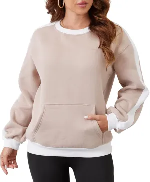 Sureple Women'S Fleece Sweatshirts Color Block Ribbed Crewneck Long Sleeve Pullover Tops Fall Winter Clothing With Pockets