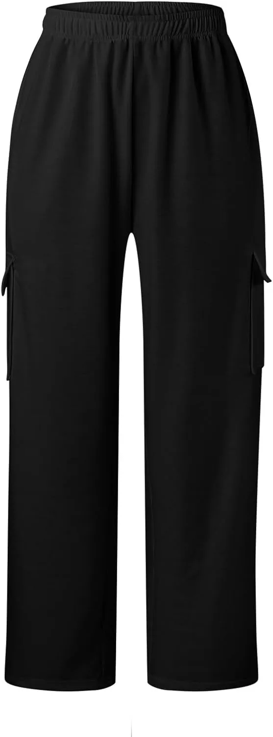 Sweatpants for Women Wide Leg Solid Casual Pants for Women Elastic Waist Cargo Pants for Women with Pockets Trousers