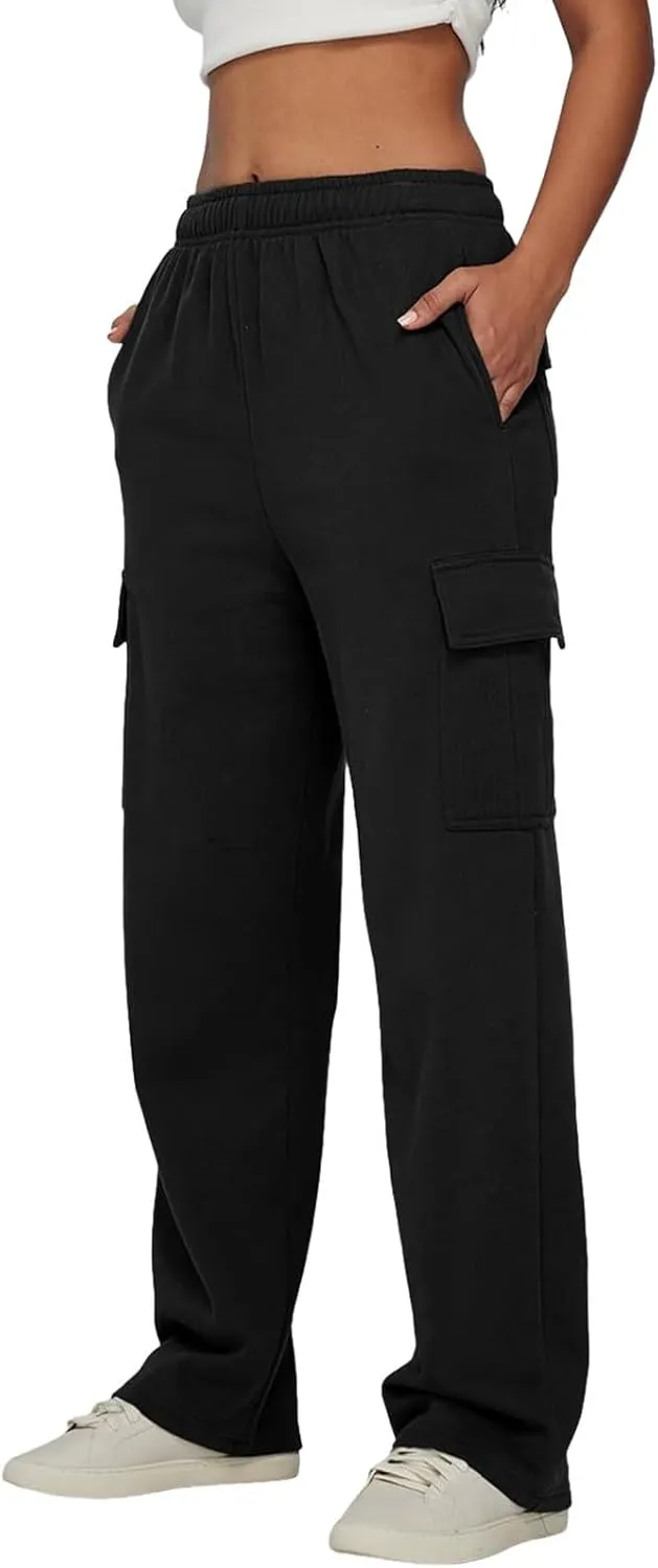 Sweatpants for Women Wide Leg Solid Casual Pants for Women Elastic Waist Cargo Pants for Women with Pockets Trousers