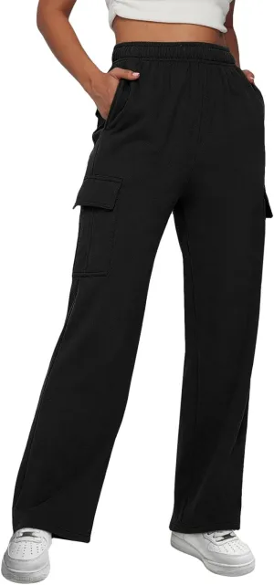 Sweatpants for Women Wide Leg Solid Casual Pants for Women Elastic Waist Cargo Pants for Women with Pockets Trousers