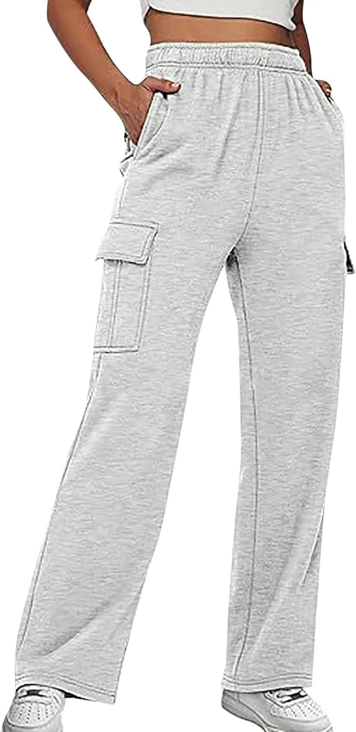 Sweatpants for Women Wide Leg Solid Casual Pants for Women Elastic Waist Cargo Pants for Women with Pockets Trousers