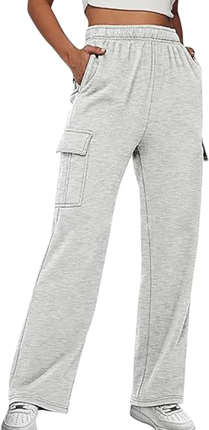 Sweatpants for Women Wide Leg Solid Casual Pants for Women Elastic Waist Cargo Pants for Women with Pockets Trousers
