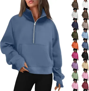 Sweatshirt for Women Half Zip Cropped Pullover Fleece Quarter Zipper Hoodies Fall Outfits Clothes Thumb Hole