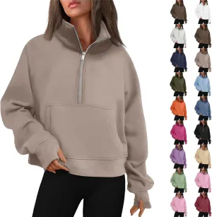 Sweatshirt for Women Half Zip Cropped Pullover Fleece Quarter Zipper Hoodies Fall Outfits Clothes Thumb Hole