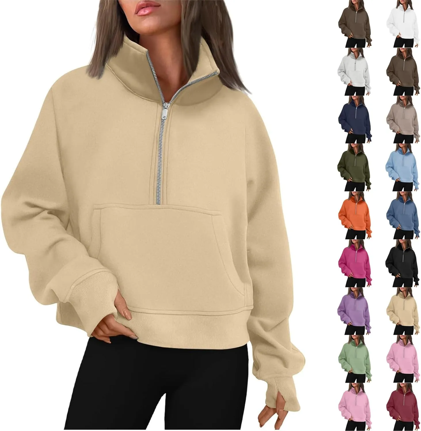 Sweatshirt for Women Half Zip Cropped Pullover Fleece Quarter Zipper Hoodies Fall Outfits Clothes Thumb Hole