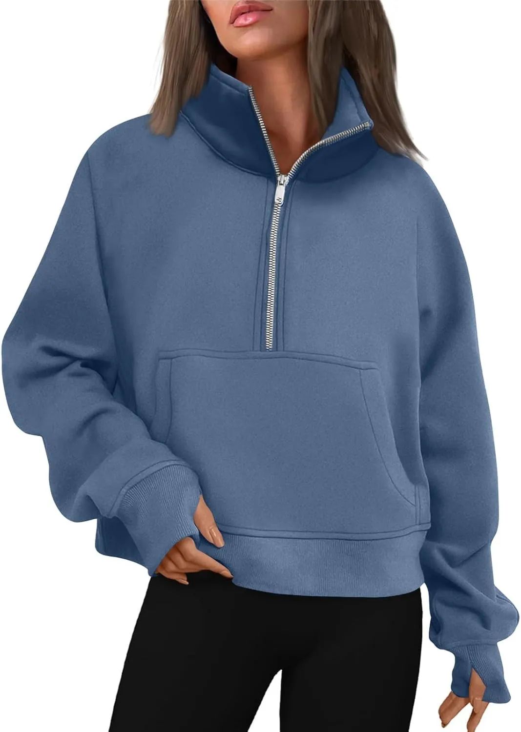 Sweatshirt for Women Half Zip Cropped Pullover Fleece Quarter Zipper Hoodies Fall Outfits Clothes Thumb Hole