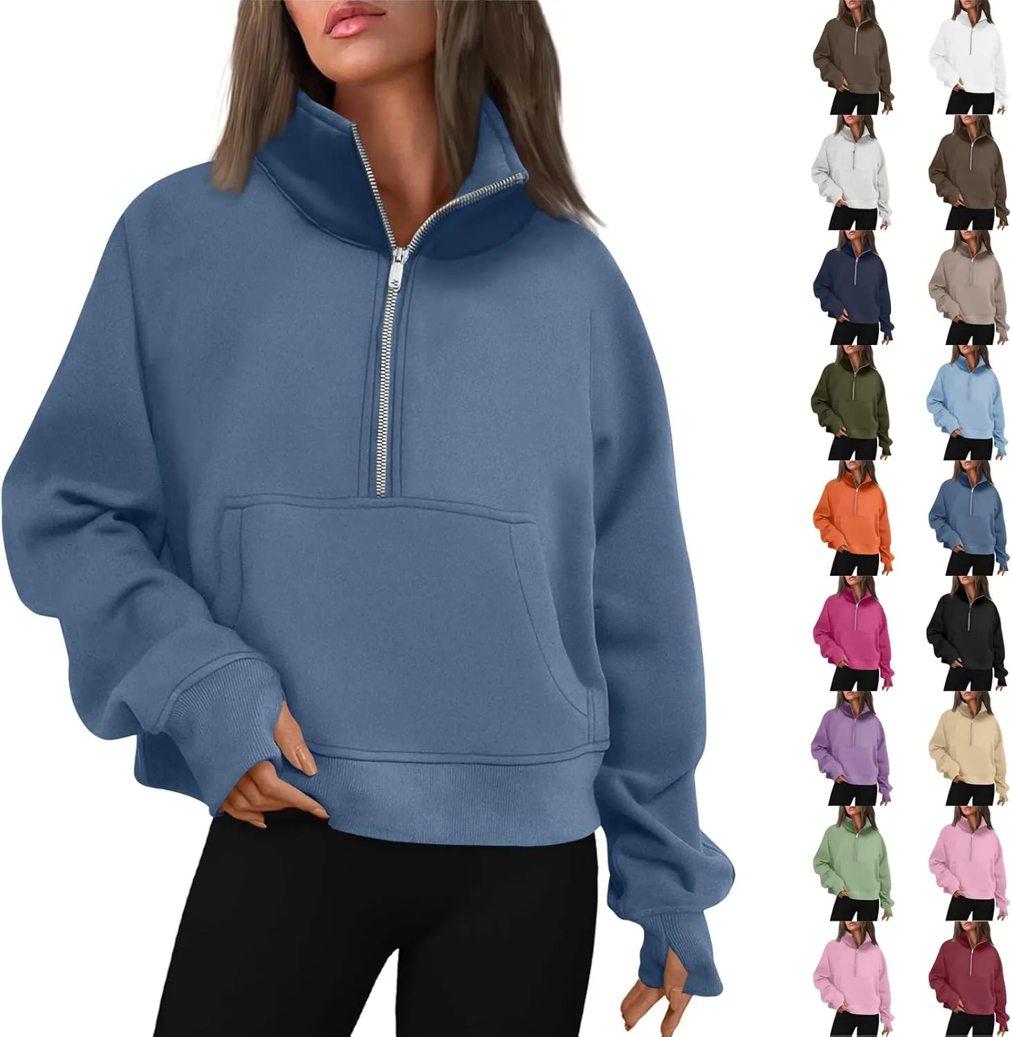 Sweatshirt for Women Half Zip Cropped Pullover Fleece Quarter Zipper Hoodies Fall Outfits Clothes Thumb Hole